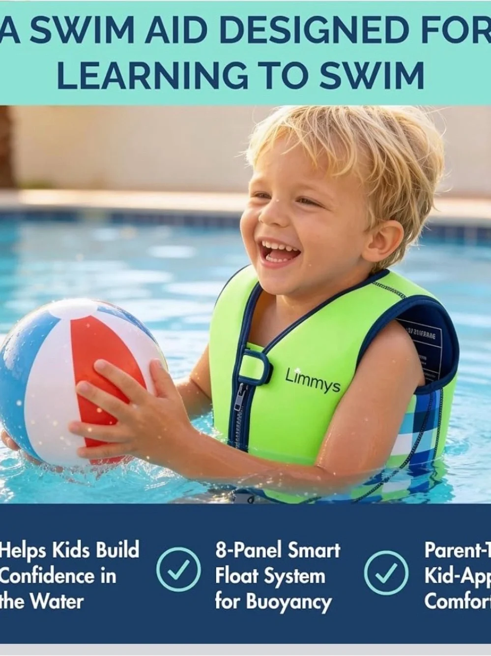 Kids Swim Vest in Neon Green & Blue Plaid Limmy’s